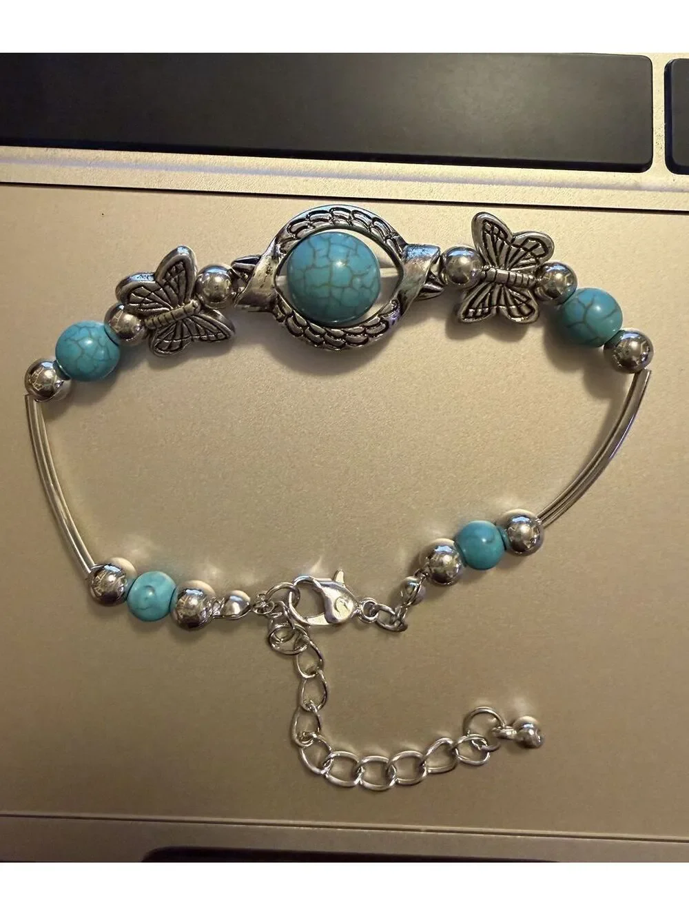 BRACELET Silver Tone Butterfly and Turquoise Beaded Bracelet